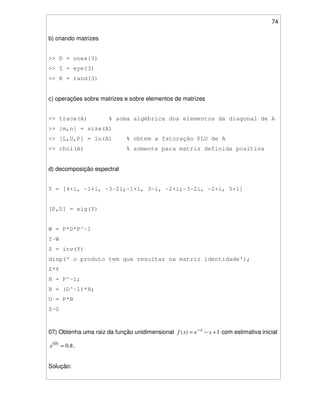 74
b) criando matrizes
>> D = ones(3)
>> Z = eye(3)
>> R = rand(3)
c) operações sobre matrizes e sobre elementos de matrizes
>> trace(A) % soma algébrica dos elementos da diagonal de A
>> [m,n] = size(A)
>> [L,U,P] = lu(A) % obtem a fatoração PLU de A
>> chol(A) % somente para matriz definida positiva
d) decomposição espectral
Y = [4+i, -1+i, -3-2i;-1+i, 3-i, -2+i;-3-2i, -2+i, 5+i]
[P,D] = eig(Y)
W = P*D*P^-1
Y-W
Z = inv(Y)
disp(' o produto tem que resultar na matriz identidade');
Z*Y
H = P^-1;
B = (D^-1)*H;
U = P*B
Z-U
07) Obtenha uma raiz da função unidimensional 1)( +−= −
xexf x
com estimativa inicial
8.0)0(
=x .
Solução:
 