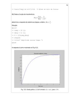 75
>> fzero('exp(-x)-x+1',0.8) % obtem um zero da funcao
08) Dada a função de transferência
1
1
)(
)(
)(
+
==
ssR
sC
sT ,
determine a resposta do sistema ao degrau unitário,
s
sR 1)( = .
Solução:
>> clf
>> numg = [0 1];
>> deng = [1 1];
>> G = tf(numg,deng)
>> step(G)
>> title(' Amplitude versus tempo ')
pause
A resposta é como mostrada na Fig.12.2.
Fig. 12.2: Saída gráfica )(tc com entrada )()( tutr = , para 0≥t .
 