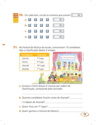 17
material
de apoio
30. Em cada item, circule os números que somam 10. .
a. 10.
b. 10.
c. 10.
d. 10.
Participante Colocação
Josimar 7o
lugar
Tomás 5o
lugar
Atanael 10o
lugar
Matilde 1o
lugar
a. Escreva o nome dessas 4 crianças por ordem de
classificação, começando pelo vencedor.
b. Quantos candidatos ficaram antes de Atanael?
	 • E depois de Atanael?
c. Quem ficou em 7o
lugar?
d. Quem ganhou o Festival de Música?
31. No Festival de Música da escola, concorreram 10 candidatos.
Veja a classificação destes 4 amigos:
Ilustrações:TaniaRicci
 