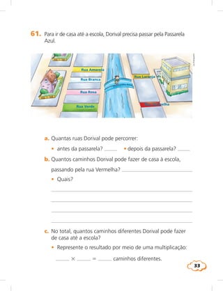 33
61.	 Para ir de casa até a escola, Dorival precisa passar pela Passarela
Azul.
	 a.	Quantas ruas Dorival pode percorrer:
	 •	 antes da passarela?      	 •	depois da passarela?     
	 b.	Quantos caminhos Dorival pode fazer de casa à escola,
passando pela rua Vermelha? 
	 •	 Quais?
		 
		 
		 
		 
	 c.	 No total, quantos caminhos diferentes Dorival pode fazer
de casa até a escola?
	 •	 Represente o resultado por meio de uma multiplicação:
		 3 5 caminhos diferentes.
LieKobayashi
Rua Amarela
Rua Branca
Rua Rosa
Rua Verde
Passarela Azul
Rua Vermelha
Rua Laranja
 