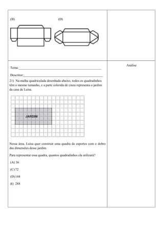 (B)                                 (D)




                                                                       Análise
Tema:__________________________________________________

Descritor:________________________________________________
21) Na malha quadriculada desenhada abaixo, todos os quadradinhos
têm o mesmo tamanho, e a parte colorida de cinza representa o jardim
da casa de Luísa.




Nessa área, Luísa quer construir uma quadra de esportes com o dobro
das dimensões desse jardim.

Para representar essa quadra, quantos quadradinhos ela utilizará?

(A) 36

(C) 72

(D) 144

(E) 288
 
