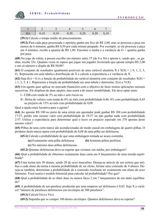 S É R I E : P r o b a b i l i d a d e
I N T R O D U Ç Ã O
Prof. Lorí Viali - viali@mat.pucrs.br - http://www.mat.pucrs.br/~lori/ 50
t 2 3 4 5 6 7
f(t) 0,10 0,10 0,30 0,20 0,20 0,10
(59.1) Calcule o tempo médio de processamento.
(59.2) Para cada peça processada o operário ganha um fixo de R$ 2,00, mas se processa a peça em
menos de 6 minutos, ganha R$ 0,50 por cada minuto poupado. Por exemplo, se ele processa a peça
em 4 minutos, recebe a quantia de R$ 1,00. Encontre a média e a variância de G = quantia ganha
por peça.
(60) No jogo de roleta, a pessoa escolhe um número entre 37 (de 0 a 36) e aposta x, sendo que , se ga-
nhar, recebe 35x. Quantas vezes se espera que jogue um jogador inveterado que aposta sempre R$ 2,00
e um só número e dispõe de R$ 50,00?
(61) O conjunto de resultados igualmente possíveis de uma variável aleatória X é X(S) = { 0, 1, 2, 3,
4}. Represente em uma tabela a distribuição de X e calcule a expectância e a variância de X.
(62) Seja f(x) = 0,1x a função de probabilidade da variável aleatória com conjunto de resultados X(S) =
{ 1, 2, 3, 4 }. Represente a função de probabilidade em uma tabela e determine: E(x) e V(X).
(63) Um agente quer aplicar no mercado financeiro com o objetivo de fazer muitas aplicações mensais
sucessivas. Ele dispõem de duas opções, mas usará a de maior rentabilidade. Ele deve optar entre:
I - CDB com renda de 3% ao mês e sem riscos ou
II - Bolsa de valores com renda de 6% ao mês com probabilidade 0,46, 4% com probabilidade 0,45
ou prejuízo de 15% ao mês com probabilidade de 0,09.
Qual a opção mais lucrativa para o agente?
(64) Ao apostar R$ 100 no preto de uma roleta um apostador pode ganhar R$ 100 com probabilidade
17/37, perder este mesmo valor com probabilidade de 18/37 ou não ganhar nada com probabilidade
2/37. Utilize a expectância para determinar qual o lucro ou prejuízo esperado em 370 apostas deste
mesmo valor?
(65) Pilhas de uma certa marca são acondicionadas de modo causal em embalagens de quatro pilhas. O
produtor desta marca opera com probabilidade de 0,04 de uma pilha ser defeituosa.
(65.1) Calcule a probabilidade de que uma embalagem tomada ao acaso contenha:
(a) Exatamente uma pilha defeituosa (b) Somente pilhas perfeitas
(c) No máximo duas pilhas defeituosas.
(65.2) Quantas defeituosas deve-se esperar que existam, em média, por embalagem?
(66) Qual a probabilidade de obtermos exatamente duas caras em 8 lançamentos de uma moeda equili-
brada?
(67) Uma turma tem 50 alunos, sendo 20 do sexo masculino. Deseja-se através de um sorteio que atri-
bua a cada aluno da turma a mesma probabilidade de ser eleito, formar uma comissão de 4 alunos. De-
seja-se também, determinar a probabilidade de a comissão resultante ter exatamente um aluno do sexo
feminino. Você usaria o modelo binomial para calcular tal probabilidade? Por que?
(68) Qual a probabilidade de se obter duas ou menos faces 2 em 7 lançamentos de um dado equilibra-
do?
(69) A probabilidade de um parafuso produzido por uma empresa ser defeituoso é 0,03. Seja X a variá-
vel “número de parafusos defeituosos em envelopes de 500 parafusos”.
(69.1) Calcule E(x) e V(x).
(69.2) Suponha que se compre 100 destes envelopes. Quantos defeituosos deve-se esperar?
 