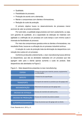 7
• Qualidade;
• Flexibilidade do processo;
• Produção de acordo com a demanda;
• Manter o compromisso com clientes e fornecedores;
• Redução do custo de produção.
O primeiro objetivo busca no desenvolvimento de processos menor
acúmulo de valor ao produto produzido.
Por outro lado, a qualidade exige produtos com bom acabamento, ou seja,
com garantia de qualidade. Já a capacidade da obtenção de materiais com
agilidade e a definição de um processo em curto tempo e com mínimo custo é
chamada de flexibilidade do processo.
Por meio dos compromissos gerados entre os clientes e fornecedores, nos
resultados finais, busca-se a unificação de um processo industrial contínuo.
A redução do custo de produção trata da eliminação de desperdícios com
redução dos custos em um processo.
Conforme já discutido anteriormente, o lean manufacturing busca eliminar
os desperdícios, que são as atividades realizadas em um processo que não
agregam valor para o cliente apenas aumenta o custo do produto. Sete
desperdícios são abordados na Figura 2.
Figura 2 – Sete desperdícios presentes no lean manufacturing
Fonte: Rezende et al., 2015, p. 5.
•Tempo de espera para materiais, pessoas, equipamentos
ou informações.
ESPERA
• Produto fora de especificação.
DEFEITO
•Transporte de materiais ou produtos que não agrega valor.
TRANSPORTE
•Movimento de pessoas que não agrega valor.
MOVIMENTAÇÃO
•Excesso de inventário de matéria-prima.
EXCESSO DE ESTOQUE
•Excesso de inventário de produto acabado.
EXCESSO DE PRODUÇÃO
•Etapa do processo que não agrega valor ao cliente.
SUPERPROCESSAMENTO
 