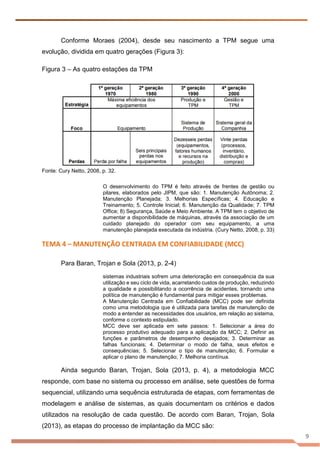9
Conforme Moraes (2004), desde seu nascimento a TPM segue uma
evolução, dividida em quatro gerações (Figura 3):
Figura 3 – As quatro estações da TPM
Fonte: Cury Netto, 2008, p. 32.
O desenvolvimento do TPM é feito através de frentes de gestão ou
pilares, elaborados pelo JIPM, que são: 1. Manutenção Autônoma; 2.
Manutenção Planejada; 3. Melhorias Específicas; 4. Educação e
Treinamento; 5. Controle Inicial; 6. Manutenção da Qualidade; 7. TPM
Office; 8) Segurança, Saúde e Meio Ambiente. A TPM tem o objetivo de
aumentar a disponibilidade de máquinas, através da associação de um
cuidado planejado do operador com seu equipamento, a uma
manutenção planejada executada da indústria. (Cury Netto, 2008, p. 33)
TEMA 4 – MANUTENÇÃO CENTRADA EM CONFIABILIDADE (MCC)
Para Baran, Trojan e Sola (2013, p. 2-4)
sistemas industriais sofrem uma deterioração em consequência da sua
utilização e seu ciclo de vida, acarretando custos de produção, reduzindo
a qualidade e possibilitando a ocorrência de acidentes, tornando uma
política de manutenção é fundamental para mitigar esses problemas.
A Manutenção Centrada em Confiabilidade (MCC) pode ser definida
como uma metodologia que é utilizada para tarefas de manutenção de
modo a entender as necessidades dos usuários, em relação ao sistema,
conforme o contexto estipulado.
MCC deve ser aplicada em sete passos: 1. Selecionar a área do
processo produtivo adequado para a aplicação da MCC; 2. Definir as
funções e parâmetros de desempenho desejados; 3. Determinar as
falhas funcionais; 4. Determinar o modo de falha, seus efeitos e
consequências; 5. Selecionar o tipo de manutenção; 6. Formular e
aplicar o plano de manutenção; 7. Melhoria contínua.
Ainda segundo Baran, Trojan, Sola (2013, p. 4), a metodologia MCC
responde, com base no sistema ou processo em análise, sete questões de forma
sequencial, utilizando uma sequência estruturada de etapas, com ferramentas de
modelagem e análise de sistemas, as quais documentam os critérios e dados
utilizados na resolução de cada questão. De acordo com Baran, Trojan, Sola
(2013), as etapas do processo de implantação da MCC são:
 