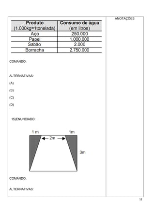 ANOTAÇÕES




COMANDO:



ALTERNATIVAS:

(A)

(B)

(C)

(D)



 15) ENUNCIADO:




COMANDO:


ALTERNATIVAS:


                              11
 