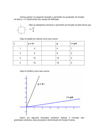 Vamos pensar na seguinte situação o perímetro do quadrado em função
do lado p = 4 l observando seu campo de definição.
Veja na tabela de valores como isso ocorre
l p = 4 l p l = p/4
1 4 4 1
2 8 8 2
3 12 12 3
4 16 16 4
Veja no Gráfico como isso ocorre:
Assim em algumas situações podemos realizar a inversão das
grandezas variáveis, esse processo é denominado de função inversa.
Mas se desejamos escrever o perímetro em função do lado temos que
4
p
l =
 