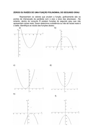 ZEROS OU RAÍZES DE UMA FUNÇÃO POLINOMIAL DO SEGUNDO GRAU
Representam os valores que anulam a função. graficamente são os
pontos de intersecção da parábola com o eixo x (eixo das abscissas) . No
entanto, dentro do conjunto R existem funções do segundo grau que não
apresentam raízes reais. Quem determina a existência ou não de raízes reais é
o delta. Identifique as raízes das funções abaixo.
a) b)
c) d)
e)
f)
 