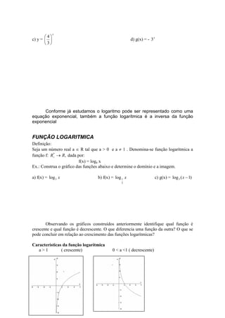 x
       4
c) y =                                              d) g(x) = - 3 x
       3




     Conforme já estudamos o logaritmo pode ser representado como uma
equação exponencial, também a função logarítmica é a inversa da função
exponencial


FUNÇÃO LOGARITMICA
Definição:
Seja um número real a ∈ R tal que a > 0 e a ≠ 1 . Denomina-se função logarítmica a
função f: R+ → R, dada por:
           *


                         f(x) = loga x
Ex.: Construa o gráfico das funções abaixo e determine o domínio e a imagem.

a) f(x) = log 3 x                 b) f(x) = log 1 x                 c) g(x) = log 3 ( x − 1)
                                                3




       Observando os gráficos construídos anteriormente identifique qual função é
crescente e qual função é decrescente. O que diferencia uma função da outra? O que se
pode concluir em relação ao crescimento das funções logarítmicas?

Características da função logarítmica
   a>1         ( crescente)               0 < a <1 ( decrescente)
 