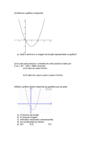 2) Observe o gráfico e responda:




   a) Qual o domínio e a imagem da função representada no gráfico?



3) O custo para produzir x unidades de certo produto é dado por
C (x) = 2x² - 100x + 5000, encontre:
          a) O valor do custo mínimo


               b) O valor de x para o qual o custo é mínimo.




4)Dado o gráfico abaixo responda as questões que se pede
                                  10   y                               f(x)=x^2 -2x-3
                                  9
                                  8
                                  7
                                  6
                                  5
                                  4
                                  3
                                  2
                                  1                                                x
    -6   -5   -4   -3   -2   -1            1   2   3   4   5   6   7    8     9   10
                                  -1
                                  -2
                                  -3
                                  -4
                                  -5
                                  -6

   a)    O domínio da função
   b)    O conjunto imagem
   c)    Intervalos crescentes e decrescentes.
   d)    As coordenadas do vértice
   e)    f(4)       f(-2)               f(1)
 