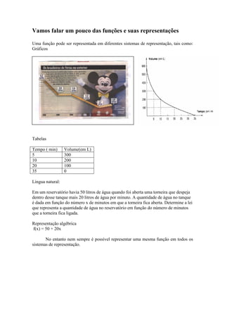 Vamos falar um pouco das funções e suas representações

Uma função pode ser representada em diferentes sistemas de representação, tais como:
Gráficos




Tabelas

Tempo ( min)      Volume(em L)
5                 300
10                200
20                100
35                0

Língua natural:

Em um reservatório havia 50 litros de água quando foi aberta uma torneira que despeja
dentro desse tanque mais 20 litros de água por minuto. A quantidade de água no tanque
é dada em função do número x de minutos em que a torneira fica aberta. Determine a lei
que representa a quantidade de água no reservatório em função do número de minutos
que a torneira fica ligada.

Representação algébrica
f(x) = 50 + 20x

       No entanto nem sempre é possível representar uma mesma função em todos os
sistemas de representação.
 