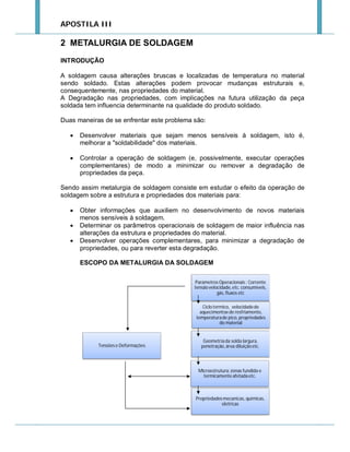 APOSTILA III

2 METALURGIA DE SOLDAGEM
INTRODUÇÃO
A soldagem causa alterações bruscas e localizadas de temperatura no material
sendo soldado. Estas alterações podem provocar mudanças estruturais e,
consequentemente, nas propriedades do material.
A Degradação nas propriedades, com implicações na futura utilização da peça
soldada tem influencia determinante na qualidade do produto soldado.
Duas maneiras de se enfrentar este problema são:


Desenvolver materiais que sejam menos sensíveis à soldagem, isto é,
melhorar a "soldabilidade" dos materiais.



Controlar a operação de soldagem (e, possivelmente, executar operações
complementares) de modo a minimizar ou remover a degradação de
propriedades da peça.

Sendo assim metalurgia de soldagem consiste em estudar o efeito da operação de
soldagem sobre a estrutura e propriedades dos materiais para:




Obter informações que auxiliem no desenvolvimento de novos materiais
menos sensíveis à soldagem.
Determinar os parâmetros operacionais de soldagem de maior influência nas
alterações da estrutura e propriedades do material.
Desenvolver operações complementares, para minimizar a degradação de
propriedades, ou para reverter esta degradação.
ESCOPO DA METALURGIA DA SOLDAGEM
Parametros Operacionais : Corrente
tensão velocidade, etc. consumiveis,
gás, fluxos etc
Ciclo termico, velocidade de
aquecimentoe de resfriamento,
temperatura de pico, propriedades
do material

Tensões e Deformações

Geometria da solda largura,
penetração, área diluição etc.

Microestrutura: zonas fundida e
termicamente afetada etc.

Propriedades mecanicas, quimicas,
eletricas

 