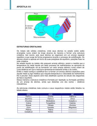 APOSTILA III

ESTRUTURAS CRISTALINAS
Os metais são sólidos cristalinos, onde seus átomos no estado solido estão
arranjados numa ordem de longo alcance de maneira a formar uma estrutura
cristalina. Isto ocorre, pois seus átomos se organizam em um arranjo espacial
repetitivo e que surge de forma progressiva durante o processo de solidificação. Os
átomos vibram e apenas em torno de suas posiçãoes de equilíbrio, posições fixas na
rede cristalina.
No estado liquido os metais não possuem arranjo atômico, porem a medida que a
temperatura do metal liquido em dado processo de resfriamentos se aproxima do
ponto de solidificação vai se formando um certo arranjo atômico numa ordem de
curta distância em que a estrutura apresenta-se bastante similar a do solido.
Então o metal começa a solidificar-se e a formar um arranjo atômico especifico para
aquele metal ou liga metálica que naquela temperatura e velocidade de resfriamento
lhe é peculiar. Esse aspecto será mais detalhado quando do estudo dos diagramas
de fase e equilíbrio.
Dessa maneira a estrutura cristalina é formada por repetição ou formação periódica
de um arranjo de átomos, ainda que distantes uns dos outros – distância
interatômica.
As estruturas cristalinas mais comuns e seus respectivos metais estão listados na
tabela abaixo.
CFC
Ferro γ
Alumínio
Chumbo
Cobre
Níquel
Ouro
Platina
Cobalto β

CCC
Cromo
Ferro α
Molibdênio
Tungstênio
Tântalo
Vanádio
Titânio
Nióbio

HC
Titânio α
Zinco
Cobalto α
Cádmio
Zircônio
Magnésio
---------------------------

 