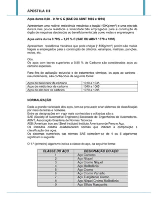 APOSTILA III
Aços duros 0,60 – 0,70 % C (SAE OU ABNT 1060 a 1070)
Apresentam uma notável resistência mecânica a tração (90Kg/mm²) e uma elevada
dureza,mas pouca resilência e tenacidade.São empregados para a construção de
órgão de maquinas destinados ao beneficiamento,tais como molas e engrenagens
Aços extra duros 0,70% – 1,20 % C (SAE OU ABNT 1070 a 1095)
Apresentam resistência mecânica que pode chegar (110Kg/mm²) porém são muitos
frágeis e empregados para a construção de cilindros, estampos, matrizes, punções,
molas, etc.
Obs.
Os aços com teores superiores a 0,95 % de Carbono são considerados aços ao
carbono especiais.
Para fins de aplicação industrial e de tratamentos térmicos, os aços ao carbono ,
resumidamente, são conhecidos da seguinte forma:
Aços de baixo teor de carbono
Aços de médio teor de carbono
Aços de alto teor de carbono

1010 a 1035
1040 a 1065
1070 a 1095

NORMALIZAÇÃO
Dada a grande variedade dos aços, tem-se procurado criar sistemas de classificação
por meio de letras e números.
Entre as designações em vigor mais conhecidas e utilizadas são a:
SAE (Society of Automotive Engineers) Sociedade de Engenheiros de Automotores,
ABNT, Associação Brasileira de Normas Técnicas
AISI (American Iron and Steel Institute) Instituto Americano de Ferro e Aço.
Os institutos citados estabeleceram normas que indicam a composição e
classificação dos aços.
Os sistemas numéricos das normas SAE compõem-se de 4 ou 5 algarismos
significam o seguinte:
O 1.º (primeiro) algarismo indica a classe do aço, da seguinte forma:

 