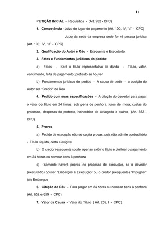 11
PETIÇÃO INICIAL - Requisitos - (Art. 282 - CPC)
1. Competência - Juízo do lugar do pagamento (Art. 100, IV, “d” - CPC)
Juízo da sede da empresa onde for ré pessoa jurídica
(Art. 100, IV, “a” - CPC)
2. Qualificação do Autor e Réu - Exequente e Executado
3. Fatos e Fundamentos jurídicos do pedido:
a) Fatos - Será o título representativo da dívida - Título, valor,
vencimento, falta de pagamento, protesto se houver
b) Fundamentos jurídicos do pedido - A causa de pedir - a posição do
Autor ser “Credor” do Réu
4. Pedido com suas especificações - A citação do devedor para pagar
o valor do título em 24 horas, sob pena de penhora, juros de mora, custas do
processo, despesas do protesto, honorários de advogado e outros (Art. 652 -
CPC)
5. Provas
a) Pedido de execução não se cogita provas, pois não admite contraditório
- Título líquido, certo e exigível
b) O credor (exequente) pode apenas exibir o título e pleitear o pagamento
em 24 horas ou nomear bens à penhora
c) Somente haverá provas no processo de execução, se o devedor
(executado) opuser “Embargos à Execução” ou o credor (exequente) “Impugnar”
tais Embargos
6. Citação do Réu - Para pagar em 24 horas ou nomear bens à penhora
(Art. 652 e 659 - CPC)
7. Valor da Causa - Valor do Título ( Art. 259, I - CPC)
 