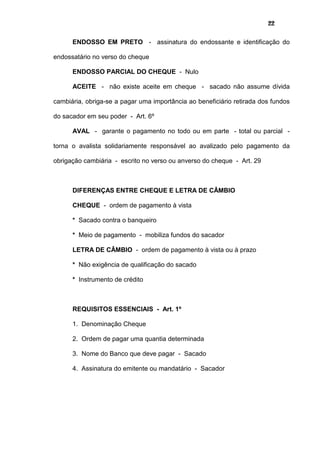 22
ENDOSSO EM PRETO - assinatura do endossante e identificação do
endossatário no verso do cheque
ENDOSSO PARCIAL DO CHEQUE - Nulo
ACEITE - não existe aceite em cheque - sacado não assume dívida
cambiária, obriga-se a pagar uma importância ao beneficiário retirada dos fundos
do sacador em seu poder - Art. 6º
AVAL - garante o pagamento no todo ou em parte - total ou parcial -
torna o avalista solidariamente responsável ao avalizado pelo pagamento da
obrigação cambiária - escrito no verso ou anverso do cheque - Art. 29
DIFERENÇAS ENTRE CHEQUE E LETRA DE CÂMBIO
CHEQUE - ordem de pagamento à vista
* Sacado contra o banqueiro
* Meio de pagamento - mobiliza fundos do sacador
LETRA DE CÂMBIO - ordem de pagamento à vista ou à prazo
* Não exigência de qualificação do sacado
* Instrumento de crédito
REQUISITOS ESSENCIAIS - Art. 1º
1. Denominação Cheque
2. Ordem de pagar uma quantia determinada
3. Nome do Banco que deve pagar - Sacado
4. Assinatura do emitente ou mandatário - Sacador
 