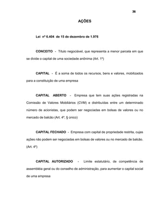 36
AÇÕES
Lei nº 6.404 de 15 de dezembro de 1.976
CONCEITO - Título negociável, que representa a menor parcela em que
se divide o capital de uma sociedade anônima (Art. 1º)
CAPITAL - É a soma de todos os recursos, bens e valores, mobilizados
para a constituição de uma empresa
CAPITAL ABERTO - Empresa que tem suas ações registradas na
Comissão de Valores Mobiliários (CVM) e distribuídas entre um determinado
número de acionistas, que podem ser negociadas em bolsas de valores ou no
mercado de balcão (Art. 4º, § único)
CAPITAL FECHADO - Empresa com capital de propriedade restrita, cujas
ações não podem ser negociadas em bolsas de valores ou no mercado de balcão.
(Art. 4º)
CAPITAL AUTORIZADO - Limite estatutário, de competência de
assembléia geral ou do conselho de administração, para aumentar o capital social
de uma empresa
 