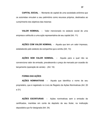 37
CAPITAL SOCIAL - Montante de capital de uma sociedade anônima que
os acionistas vinculam a seu patrimônio como recursos próprios, destinados ao
cumprimento dos objetivos das mesmas
VALOR NOMINAL - Valor mencionado no estatuto social de uma
empresa e atribuído a uma ação representativa de seu capital (Art. 11)
AÇÕES COM VALOR NOMINAL - Aquela que tem um valor impresso,
estabelecido pelo estatuto da companhia que a emitiu (Art. 13)
AÇÕES SEM VALOR NOMINAL - Aquela para a qual não se
convenciona valor de emissão, prevalecendo o preço de mercado por ocasião do
lançamento (operação de venda) - (Art. 14)
FORMA DAS AÇÕES
AÇÕES NOMINATIVAS - Aquela que identifica o nome de seu
proprietário, que é registrado no Livro de Registro de Ações Nominativas (Art. 20
e 31)
AÇÕES ESCRITURAIS - Ações nominativas sem a emissão de
certificados, mantidas em conta de depósito de seu titular, na instituição
depositária que for designada (Art. 34)
 