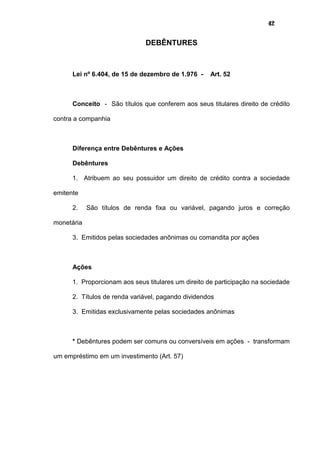 42
DEBÊNTURES
Lei nº 6.404, de 15 de dezembro de 1.976 - Art. 52
Conceito - São títulos que conferem aos seus titulares direito de crédito
contra a companhia
Diferença entre Debêntures e Ações
Debêntures
1. Atribuem ao seu possuidor um direito de crédito contra a sociedade
emitente
2. São títulos de renda fixa ou variável, pagando juros e correção
monetária
3. Emitidos pelas sociedades anônimas ou comandita por ações
Ações
1. Proporcionam aos seus titulares um direito de participação na sociedade
2. Títulos de renda variável, pagando dividendos
3. Emitidas exclusivamente pelas sociedades anônimas
* Debêntures podem ser comuns ou conversíveis em ações - transformam
um empréstimo em um investimento (Art. 57)
 