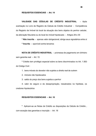 46
REQUISITOS ESSENCIAIS - Art. 14
VALIDADE DAS CÉDULAS DE CRÉDITO INDUSTRIAL - Após
averbação no Livro de Registro de Cédula de Crédito Industrial - Competência
do Registro de Imóvel do local da situação dos bens objetos do penhor cedular,
da alienação fiduciária ou do local do imóvel hipotecado - Artigos 29 e 30
* Não inscrita - apenas valor obrigacional, obriga seus signatários entre si
* Inscrita - oponível contra terceiros
NOTA DE CRÉDITO INDUSTRIAL - promessa de pagamento em dinheiro
sem garantia real - Art. 15
* Crédito tem privilégio especial sobre os bens discriminados no Art. 1.563
do Código Civil :
1. bens móveis do devedor não sujeitos a direito real de outrem
2. imóveis não hipotecados
3. saldo do preço dos bens sujeitos a penhor
4. valor do seguro e da desapropriação, ressalvados na hipótese, os
credores hipotecários
REQUISITOS ESSENCIAIS - Art. 16
* Aplicam-se as Notas de Crédito as disposições da Cédula de Crédito ,
com exceção das garantias e inscrição - Art. 18
 
