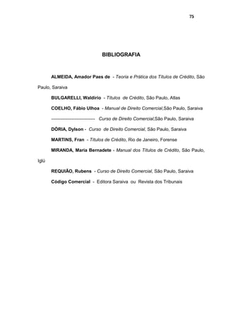 75
BIBLIOGRAFIA
ALMEIDA, Amador Paes de - Teoria e Prática dos Títulos de Crédito, São
Paulo, Saraiva
BULGARELLI, Waldírio - Títulos de Crédito, São Paulo, Atlas
COELHO, Fábio Ulhoa - Manual de Direito Comercial,São Paulo, Saraiva
----------------------------- Curso de Direito Comercial,São Paulo, Saraiva
DÓRIA, Dylson - Curso de Direito Comercial, São Paulo, Saraiva
MARTINS, Fran - Títulos de Crédito, Rio de Janeiro, Forense
MIRANDA, Maria Bernadete - Manual dos Títulos de Crédito, São Paulo,
Iglú
REQUIÃO, Rubens - Curso de Direito Comercial, São Paulo, Saraiva
Código Comercial - Editora Saraiva ou Revista dos Tribunais
 
