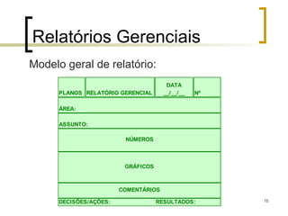15
Relatórios Gerenciais
PLANOS RELATÓRIO GERENCIAL
DATA
__/__/__ Nº
ÁREA:
ASSUNTO:
NÚMEROS
GRÁFICOS
COMENTÁRIOS
DECISÕES/AÇÕES: RESULTADOS:
Modelo geral de relatório:
 
