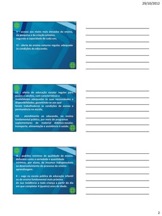 29/10/2012
2
V - acesso aos níveis mais elevados do ensino,
da pesquisa e da criação artística,
segundo a capacidade de cada um;
VI - oferta de ensino noturno regular, adequado
às condições do educando;
VII - oferta de educação escolar regular para
jovens e adultos, com características e
modalidades adequadas às suas necessidades e
disponibilidades, garantindo-se aos que
forem trabalhadores as condições de acesso e
permanência na escola;
VIII - atendimento ao educando, no ensino
fundamental público, por meio de programas
suplementares de material didático-escolar,
transporte, alimentação e assistência à saúde;
IX - padrões mínimos de qualidade de ensino,
definidos como a variedade e quantidade
mínimas, por aluno, de insumos indispensáveis
ao desenvolvimento do processo de ensino-
aprendizagem.
X – vaga na escola pública de educação infantil
ou de ensino fundamental mais próxima
de sua residência a toda criança a partir do dia
em que completar 4 (quatro) anos de idade.
 