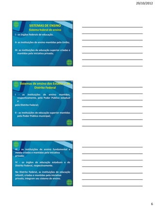 29/10/2012
6
I - os órgãos federais de educação.
II- as instituições de ensino mantidas pela União;
III- as instituições de educação superior criadas e
mantidas pela iniciativa privada;
SISTEMAS DE ENSINO
Sistema federal de ensino
I - as instituições de ensino mantidas,
respectivamente, pelo Poder Público estadual
e
pelo Distrito Federal;
II - as instituições de educação superior mantidas
pelo Poder Público municipal;
Sistemas de ensino dos Estados e do
Distrito Federal
III - as instituições de ensino fundamental e
médio criadas e mantidas pela iniciativa
privada;
IV - os órgãos de educação estaduais e do
Distrito Federal, respectivamente.
No Distrito Federal, as instituições de educação
infantil, criadas e mantidas pela iniciativa
privada, integram seu sistema de ensino.
 