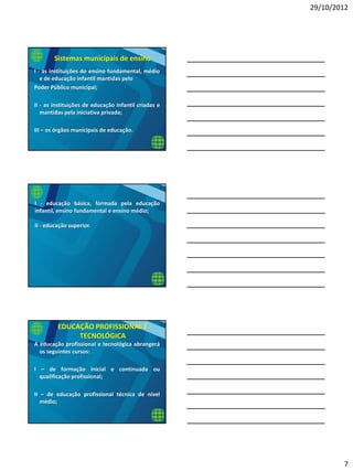 29/10/2012
7
I - as instituições do ensino fundamental, médio
e de educação infantil mantidas pelo
Poder Público municipal;
II - as instituições de educação infantil criadas e
mantidas pela iniciativa privada;
III – os órgãos municipais de educação.
Sistemas municipais de ensino
I - educação básica, formada pela educação
infantil, ensino fundamental e ensino médio;
II - educação superior.
A educação profissional e tecnológica abrangerá
os seguintes cursos:
I – de formação inicial e continuada ou
qualificação profissional;
II – de educação profissional técnica de nível
médio;
EDUCAÇÃO PROFISSIONAL E
TECNOLÓGICA
 
