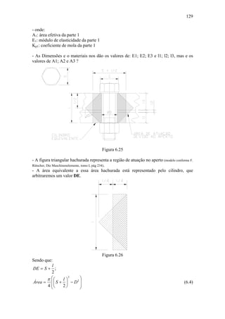 129

- onde:
A1: área efetiva da parte 1
E1: módulo de elasticidade da parte 1
Kp1: coeficiente de mola da parte 1

- As Dimensões e o materiais nos dão os valores de: E1; E2; E3 e l1; l2; l3, mas e os
valores de A1; A2 e A3 ?




                                        Figura 6.25

- A figura triangular hachurada representa a região de atuação no aperto (modelo conforme F.
Rütscher, Die Maschinenelemente, tomo I, pág 234).
- A área equivalente a essa área hachurada está representado pelo cilindro, que
arbitraremos um valor DE.




                                        Figura 6.26
Sendo que:
          l
DE = S + ;
         2
       π ⎛⎛               ⎞
                     2

Área =   ⎜ ⎜ S + l ⎞ − D2 ⎟
                   ⎟                                                                  (6.4)
       4 ⎜⎝
         ⎝       2⎠       ⎟
                          ⎠
 