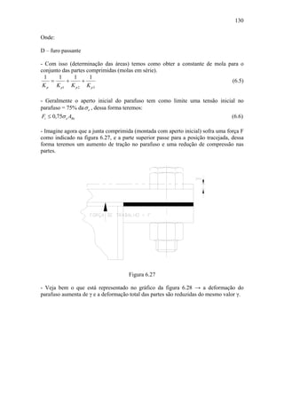 130

Onde:

D – furo passante

- Com isso (determinação das áreas) temos como obter a constante de mola para o
conjunto das partes comprimidas (molas em série).
  1    1      1      1
    =     +       +                                                       (6.5)
 K p K p1 K p 2 K p 3

- Geralmente o aperto inicial do parafuso tem como limite uma tensão inicial no
parafuso = 75% da σ e , dessa forma teremos:
 Fi ≤ 0,75σ e ABe                                                         (6.6)

- Imagine agora que a junta comprimida (montada com aperto inicial) sofra uma força F
como indicado na figura 6.27, e a parte superior passe para a posição tracejada, dessa
forma teremos um aumento de tração no parafuso e uma redução de compressão nas
partes.




                                     Figura 6.27

- Veja bem o que está representado no gráfico da figura 6.28 → a deformação do
parafuso aumenta de γ e a deformação total das partes são reduzidas do mesmo valor γ.
 