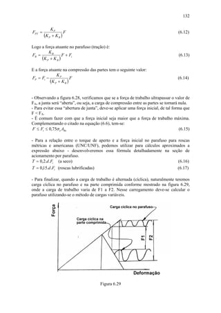 132

            KP
FPT =                F                                                               (6.12)
        (K P + K B )
Logo a força atuante no parafuso (tração) é:
         KB
FB =              F + Fi                                                             (6.13)
     (K P + K B )
E a força atuante na compressão das partes tem o seguinte valor:
               KP
FP = Fi −               F                                                            (6.14)
           (K P + K B )

- Observando a figura 6.28, verificamos que se a força de trabalho ultrapassar o valor de
FA, a junta será “aberta”, ou seja, a carga de compressão entre as partes se tornará nula.
- Para evitar essa “abertura de junta”, deve-se aplicar uma força inicial, de tal forma que
F < FA.
- É comum fazer com que a força inicial seja maior que a força de trabalho máxima.
Complementando o citado na equação (6.6), tem-se:
 F ≤ Fi ≤ 0,75σ e ABe                                                                 (6.15)

- Para a relação entre o torque de aperto e a força inicial no parafuso para roscas
métricas e americanas (UNC/UNF), podemos utilizar para cálculos aproximados a
expressão abaixo - desenvolveremos essa fórmula detalhadamente na seção de
acionamento por parafuso.
T = 0,2.d .Fi (a seco)                                                       (6.16)
T = 0,15.d .Fi (roscas lubrificadas)                                         (6.17)

- Para finalizar, quando a carga de trabalho é alternada (cíclica), naturalmente teremos
carga cíclica no parafuso e na parte comprimida conforme mostrado na figura 6.29,
onde a carga de trabalho varia de F1 a F2. Nesse carregamento deve-se calcular o
parafuso utilizando-se o método de cargas variáveis.




                                       Figura 6.29
 