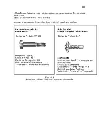 114

- Quando nada é citado, a rosca é direita, portanto, para rosca esquerda deve ser citada
na descrição.
M16 x 2 x 60 comprimento – rosca esquerda.

- Abaixo se tem exemplo de especificação de venda de 2 modelos de parafusos


 Parafuso Sextavado 8.8                              Linha Dry Wall
 Rosca Parcial                                       Cabeça Flangeada - Ponta Broca

  Código do Produto: MA 162                           Código do Produto: 217




 Dimensões: DIN 931
 Rosca ISO 965 - 6g                                  Fosfatizado
 Classe de Resistência: 8.8                          Parafuso para fixação do montante em
 Material: Aço Médio Carbono                         perfil metálico.
 Tratamento: Temperado e Revenido                    Rosca Auto Atarraxante
                                                     Rosca Inteira - Fenda Phillips Nº 2
                                                     Material: Aço Baixo Carbono
                                                     Tratamento: Cementado e Temperado


                                      Figura 6.9
              Retirada do catálogo: Fabricante Ciser - www.ciser.com.br
 