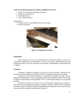11
Variáveis da etapa de picagem, que afetam a qualidade dos cavacos:
Direção e velocidade de alimentação do picador
Ângulos de corte das facas
Velocidade de corte
Troca constante de facas
Equipamentos:
Picadores de disco com múltiplas facas (mais utilizado)
Picadores de tambor
Figura 3- Transporte dos cavacos
Classificação
Após a picagem, os cavacos são classificados com o objetivo de separar os cavacos com
as dimensões padrões para o processamento (os aceites), dos cavacos superdimensionados, que
retornam ao picador e dos finos, que podem ser processados separadamente, ou então queimados
na caldeira.
Cozimento
Cozimento ou digestão da madeira se processa em vasos de pressão, conhecidos como
cozedor ou digestor, podendo ser efetuado, em regime de batelada (descontínuo) ou contínuo.
No processo de cozimento descontínuo, o aquecimento é realizado de acordo, com um
programa pré-determinado, no qual, a temperatura é elevada gradualmente, durante 50 a 90 min,
até atingir um determinado valor (geralmente 170 °C), sendo mantido durante um certo período
de tempo.
No processo contínuo, os cavacos e o licor são alimentados continuamente no digestor e
atravessam zonas de temperaturas crescentes, até atingir a zona de cozimento, onde a temperatura
é mantida constante. O período de tempo é determinado pelo tempo que os cavacos atravessam a
zona, até serem descarregados continuamente do digestor.
 