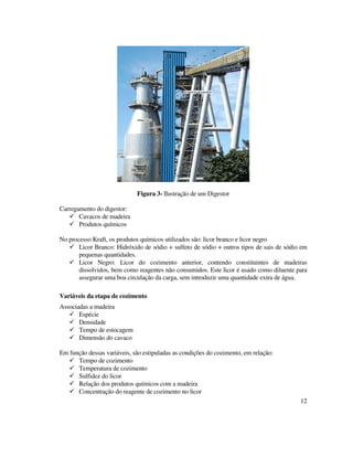 12
Figura 3- Ilustração de um Digestor
Carregamento do digestor:
Cavacos de madeira
Produtos químicos
No processo Kraft, os produtos químicos utilizados são: licor branco e licor negro
Licor Branco: Hidróxido de sódio + sulfeto de sódio + outros tipos de sais de sódio em
pequenas quantidades.
Licor Negro: Licor do cozimento anterior, contendo constituintes de madeiras
dissolvidos, bem como reagentes não consumidos. Este licor é usado como diluente para
assegurar uma boa circulação da carga, sem introduzir uma quantidade extra de água.
Variáveis da etapa de cozimento
Associadas a madeira
Espécie
Densidade
Tempo de estocagem
Dimensão do cavaco
Em função dessas variáveis, são estipuladas as condições do cozimento, em relação:
Tempo de cozimento
Temperatura de cozimento
Sulfidez do licor
Relação dos produtos químicos com a madeira
Concentração do reagente de cozimento no licor
 