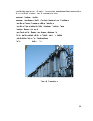 14
caustificação, onde ocorre a calcinação e é recuperada a soda cáustica (fluxograma completo
do processo Kraft, incluindo a etapa de recuperação do licor).
Madeira = Celulose + Lignina
Madeira + Licor Branco (NaOH + Na2 S) = Celulose + Licor Preto Fraco
Licor Preto Fraco + Evaporação = Licor Preto Forte
Licor Preto Forte + Sulfato de Sódio + Queima = Fundido + Calor
Fundido + Água = Licor Verde
Licor Verde + Cal + Água = Licor Branco + Lodo de Cal
(Na2S + NaCO3) + (CaO + H20) = (NaOH + Na2S) + CaCO3
Lodo de Cal + Calor = Cal + Gás Carbônico
CaCO3 CaO + CO2
Figura 4- Evaporadores
 