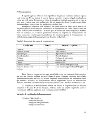 19
7. Branqueamento
É a purificação da celulose, pois dependendo do grau de cozimento efetuado a pasta
pode conter até 5% de lignina. O teor de lignina presente é responsável pela tonalidade da
polpa, que pode variar do marrom ao cinza. A remoção da lignina é necessária não só para se
obter uma celulose pura, mas também para dar um aspecto de alvura elevado, característica
fundamental para proporcionar alta qualidade ao produto final.
Branquear a celulose é levar a fibra ao seu estado natural de alvura que é branco. Em
função do grau de alvura desejado, a eliminação da lignina se faz em vários estágios, tanto por
razões técnicas como econômicas. Um maior grau de alvura com menor degradação da fibra,
pode ser alcançado, ao se aplicar quantidades menores de reagentes de branqueamento em
etapas sucessivas, com lavagens intermediárias. Os principais agentes de branqueamento e a
simbologia das etapas de branqueamento são descritos na Tabela 5.
Tabela 5. Simbologia das etapas de branqueamento
ESTÁGIOS CÓDIGO PRODUTO QUÍMICO
Cloração C Cloro gasoso
Extração alcalina E Soda cáustica
Hipocloração H Hipoclorito de Na ou Ca
Dióxido de cloro D Dióxido de cloro
Peróxido P Peróxido de hidrogênio
Oxigênio O Oxigênio (O2)
Ozônio Z Ozônio (O3)
Extração oxidativa EO Soda cáustica e Oxigênio (O2)
Extração alcalina com
peróxido
EP Soda cáustica e peróxido de hidrogênio
Desta forma, o branqueamento pode ser definido como um tratamento físico-químico,
que tem por objetivo melhorar as propriedades da pasta celulósica. Algumas propriedades
relacionadas com este processo são: alvura, limpeza e pureza química. Os parâmetros usuais
que medem a eficiência do branqueamento são as propriedades ópticas da pasta (alvura,
brancura, opacidade e estabilidade de alvura), relacionadas com a absorção ou reflexão da luz.
As seqüências de branqueamento variam em função da disponibilidade de produtos
alvejantes e do grau de alvura desejado, podendo variar de simples seqüências como a
convencional CEH até seqüências mais complexas como CEHDED.
Variações de combinações de branqueamento
3 Estágios CEH, significa:
1 estágio de cloração
1 estágio de extração alcalina
1 estágio de hipoclorito
 