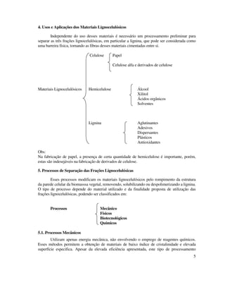 5
4. Usos e Aplicações dos Materiais Lignocelulósicos
Independente do uso desses materiais é necessário um processamento preliminar para
separar as três frações lignocelulósicas, em particular a lignina, que pode ser considerada como
uma barreira física, tornando as fibras desses materiais cimentadas entre si.
Celulose Papel
Celulose alfa e derivados de celulose
Materiais Lignocelulósicos Hemicelulose Álcool
Xilitol
Ácidos orgânicos
Solventes
Lignina Aglutinantes
Adesivos
Dispersantes
Plásticos
Antioxidantes
Obs:
Na fabricação de papel, a presença de certa quantidade de hemicelulose é importante, porém,
estas são indesejáveis na fabricação de derivados de celulose.
5. Processos de Separação das Frações Lignocelulósicas
Esses processos modificam os materiais lignocelulósicos pelo rompimento da estrutura
da parede celular da biomasssa vegetal, removendo, solubilizando ou despolimerizando a lignina.
O tipo de processo depende do material utilizado e da finalidade proposta de utilização das
frações lignocelulósicas, podendo ser classificados em:
Processos Mecânico
Físicos
Biotecnológicos
Químicos
5.1. Processos Mecânicos
Utilizam apenas energia mecânica, não envolvendo o emprego de reagentes químicos.
Esses métodos permitem a obtenção de materiais de baixo índice de cristalinidade e elevada
superfície especifica. Apesar da elevada eficiência apresentada, este tipo de processamento
 