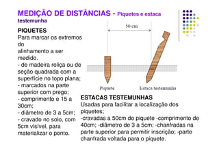 MEDIÇÃO DE DISTÂNCIAS - Piquetes e estaca
testemunha
PIQUETES
Para marcar os extremos
do
alinhamento a ser
medido.
- de madeira roliça ou de
seção quadrada com a
superfície no topo plana;
- marcados na parte
superior com prego;
- comprimento e 15 a
30cm;
- diâmetro de 3 a 5cm;
- cravado no solo, com
5cm visível, para
materializar o ponto.
ESTACAS TESTEMUNHAS
Usadas para facilitar a localização dos
piquetes;
-cravadas a 50cm do piquete -comprimento de
40cm; -diâmetro de 3 a 5cm; -chanfradas na
parte superior para permitir inscrição; -parte
chanfrada voltada para o piquete.
 
