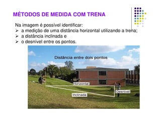 MÉTODOS DE MEDIDA COM TRENA
Na imagem é possível identificar:
 a medição de uma distância horizontal utilizando a trena;
 a distância inclinada e
 o desnível entre os pontos.
 