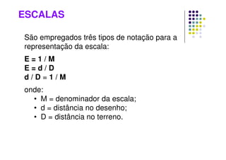 ESCALAS
São empregados três tipos de notação para a
representação da escala:
E = 1 / M
E = d / D
d / D = 1 / M
onde:
• M = denominador da escala;
• d = distância no desenho;
• D = distância no terreno.
 