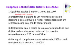Resposta EXERCÍCIOS SOBRE ESCALAS
1) Qual das escalas é menor 1:10 ou 1:1.000?
a ecala 1:1.000 é a menor.
2) Determinar a largura de um rio onde a escala do
desenho é de 1:18.000 e o rio foi representado por um
segmento com 17,5 cm de comprimento.
a largura do rio é de 3.150 metros.
3) Determinar qual a escala de uma carta sabendo-se que
distâncias homólogas na carta e no terreno são,
respectivamente, 225 mm e 4,5 km.
a escala é 1:20.000
4) Com qual comprimento uma estrada de 2.500 m será
representada na escala 1:10.000?
a estrada será representada por uma linha de 25 centímetros.
 
