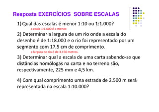 Resposta EXERCÍCIOS SOBRE ESCALAS
1) Qual das escalas é menor 1:10 ou 1:1.000?
a ecala 1:1.000 é a menor.
2) Determinar a largura de um rio onde a escala do
desenho é de 1:18.000 e o rio foi representado por um
segmento com 17,5 cm de comprimento.
a largura do rio é de 3.150 metros.
3) Determinar qual a escala de uma carta sabendo-se que
distâncias homólogas na carta e no terreno são,
respectivamente, 225 mm e 4,5 km.
a escala é 1:20.000
4) Com qual comprimento uma estrada de 2.500 m será
representada na escala 1:10.000?
a estrada será representada por uma linha de 25 centímetros.
 