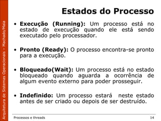 Processos e threads 14
Estados do Processo
• Execução (Running): Um processo está no
estado de execução quando ele está sendo
executado pelo processador.
• Pronto (Ready): O processo encontra-se pronto
para a execução.
• Bloqueado(Wait): Um processo está no estado
bloqueado quando aguarda a ocorrência de
algum evento externo para poder prosseguir.
• Indefinido: Um processo estará neste estado
antes de ser criado ou depois de ser destruído.
 