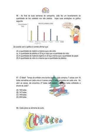 96 - Ao final de duas semanas de campanha, João fez um levantamento da
   quantidade de lixo coletado nos três prédios. Vejas suas anotações no gráfico
   seguinte:




De acordo com o gráfico é correto afirmar que:

   (A) a quantidade de metal é a mesma que a de vidro.
   (B) A quantidade de plástico é 20 kg a mais que a quantidade de vidro
   (C) A quantidade de material orgânico é 20 kg a menos que a quantidade de papel.
   (D) A quantidade de vidro é a mesma que a quantidade de plástico.




   97 - É Natal! Tempo de enfeitar uma bonita árvore. João comprou 7 caixas com 18
   bolas vermelhas em cada uma e 4 caixas com 12 bolas amarelas em cada uma. Ao
   abrir as caixas, ele encontrou 27 bolas com defeito. Quantas bolas enfeitarão a
   árvore de João?

   (A) 146 bolas
   (B) 147 bolas
   (C) 149 bolas
   (D) 246 bolas




   98– Cada peixe se alimenta de outro.
 