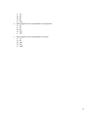 33
i) 24°
ii) 40°
iii) 48°
iv) 84°
v) 100°
d) Qual o ângulo do setor correspondente aos refrigerantes?
i) 42°
ii) 70°
iii) 84°
iv) 192°
v) 700°
e) Qual o ângulo do setor correspondente às cervejas?
i) 12°
ii) 96°
iii) 160°
iv) 192°
v) 1600°
 