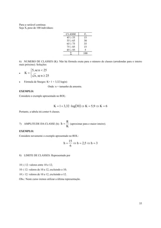 35
Para a variável contínua:
Seja Xi peso de 100 indivíduos:
CLASSE Fi
45 |- 55 15
55 |- 65 30
65 |- 75 35
75 |- 85 15
85 |- 95 5
∑ 100
6) NUMERO DE CLASSES (K): Não há fórmula exata para o número de classes (arredondar para o inteiro
mais próximo). Soluções:
•



≥
<
=
25nse,n
25nse5,
K
• Fórmula de Sturges: K= 1 + 3,32 log(n)
Onde: n = tamanho da amostra.
EXEMPLO:
Considere o exemplo apresentado no ROL:
( ) 6K5,9K30log3,321K =⇒=⇒⋅+=
Portanto, a tabela irá conter 6 classes.
7) AMPLITUDE DA CLASSE (h):
K
R
h = (aproximar para o maior inteiro).
EXEMPLO:
Considere novamente o exemplo apresentado no ROL:
3h5,2h
6
15
h =⇒=⇒=
8) LIMITE DE CLASSES: Representado por
10 |-| 12: valores entre 10 e 12;
10 -| 12: valores de 10 a 12, excluindo o 10;
10 |- 12: valores de 10 a 12, excluindo o 12.
Obs.: Neste curso iremos utilizar a última representação.
 