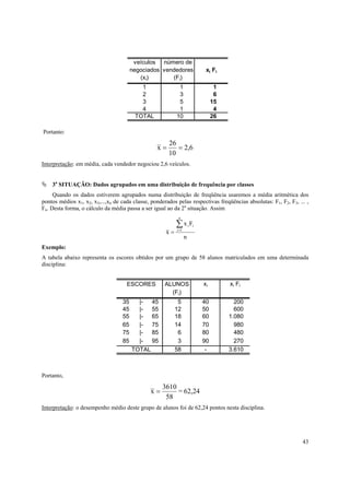 43
Portanto:
6,2
10
26
x ==
Interpretação: em média, cada vendedor negociou 2,6 veículos.
3a
SITUAÇÃO: Dados agrupados em uma distribuição de frequência por classes
Quando os dados estiverem agrupados numa distribuição de freqüência usaremos a média aritmética dos
pontos médios x1, x2, x3,...,xn de cada classe, ponderados pelas respectivas freqüências absolutas: F1, F2, F3, ... ,
Fn. Desta forma, o cálculo da média passa a ser igual ao da 2a
situação. Assim
n
Fx
x 1
ii∑=
=
n
i
Exemplo:
A tabela abaixo representa os escores obtidos por um grupo de 58 alunos matriculados em uma determinada
disciplina:
Portanto,
62,24=
58
3610
x =
Interpretação: o desempenho médio deste grupo de alunos foi de 62,24 pontos nesta disciplina.
ESCORES ALUNOS xi xi Fi
(Fi)
35 |- 45 5 40 200
45 |- 55 12 50 600
55 |- 65 18 60 1.080
65 |- 75 14 70 980
75 |- 85 6 80 480
85 |- 95 3 90 270
TOTAL 58 - 3.610
veículos número de
negociados vendedores xi Fi
(xi) (Fi)
1 1 1
2 3 6
3 5 15
4 1 4
TOTAL 10 26
 