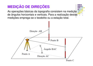 MEDIÇÃO DE DIREÇÕES
As operações básicas da topografia consistem na medição
de ângulos horizontais e verticais. Para a realização destas
medições emprega-se o teodolito ou a estação total.
 