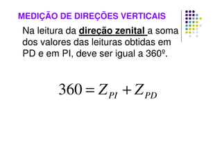 Na leitura da direção zenital a soma
dos valores das leituras obtidas em
PD e em PI, deve ser igual a 360º.
MEDIÇÃO DE DIREÇÕES VERTICAIS
PD
PI Z
Z +
=
360
 