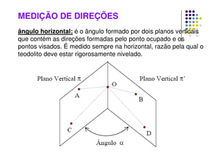MEDIÇÃO DE DIREÇÕES
ângulo horizontal: é o ângulo formado por dois planos verticais
que contém as direções formadas pelo ponto ocupado e os
pontos visados. É medido sempre na horizontal, razão pela qual o
teodolito deve estar rigorosamente nivelado.
 
